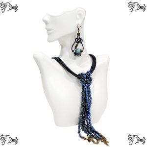 Multistrand Deep Teal Choker w/ Beaded Strands Necklace & Celtic Knot Earring